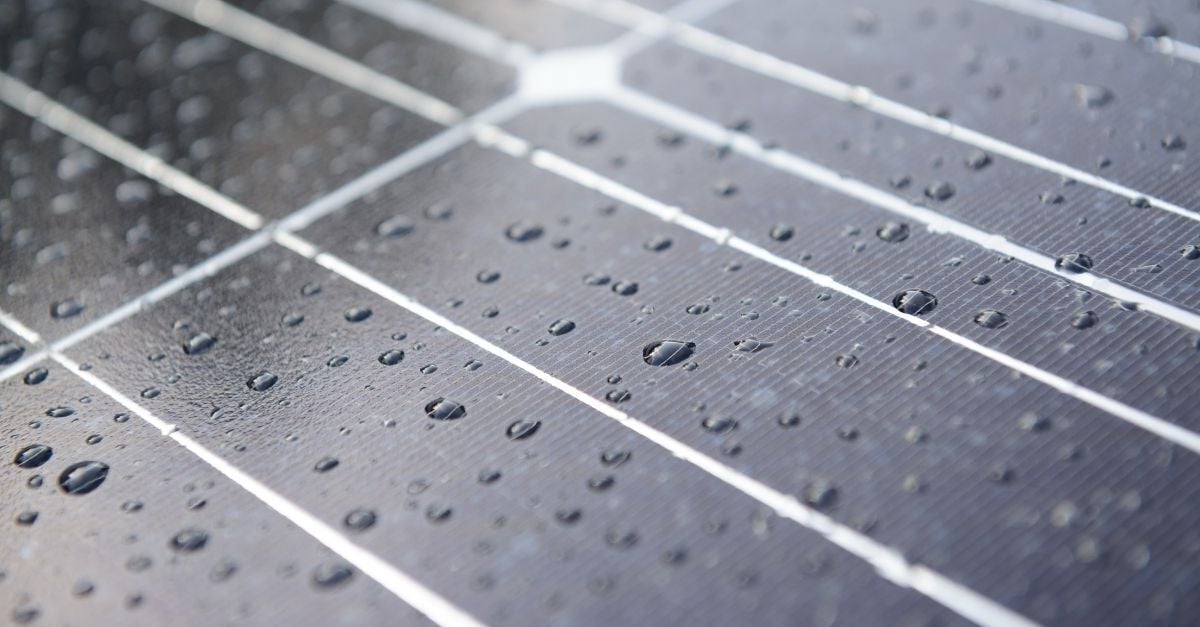 Solar panel with rain drops on a nano coating.